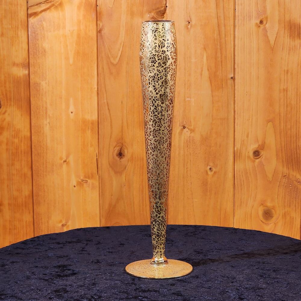 MCM Ransgil Crystal Bud Vase Gold Overlay 10" Floral Etched Glass
